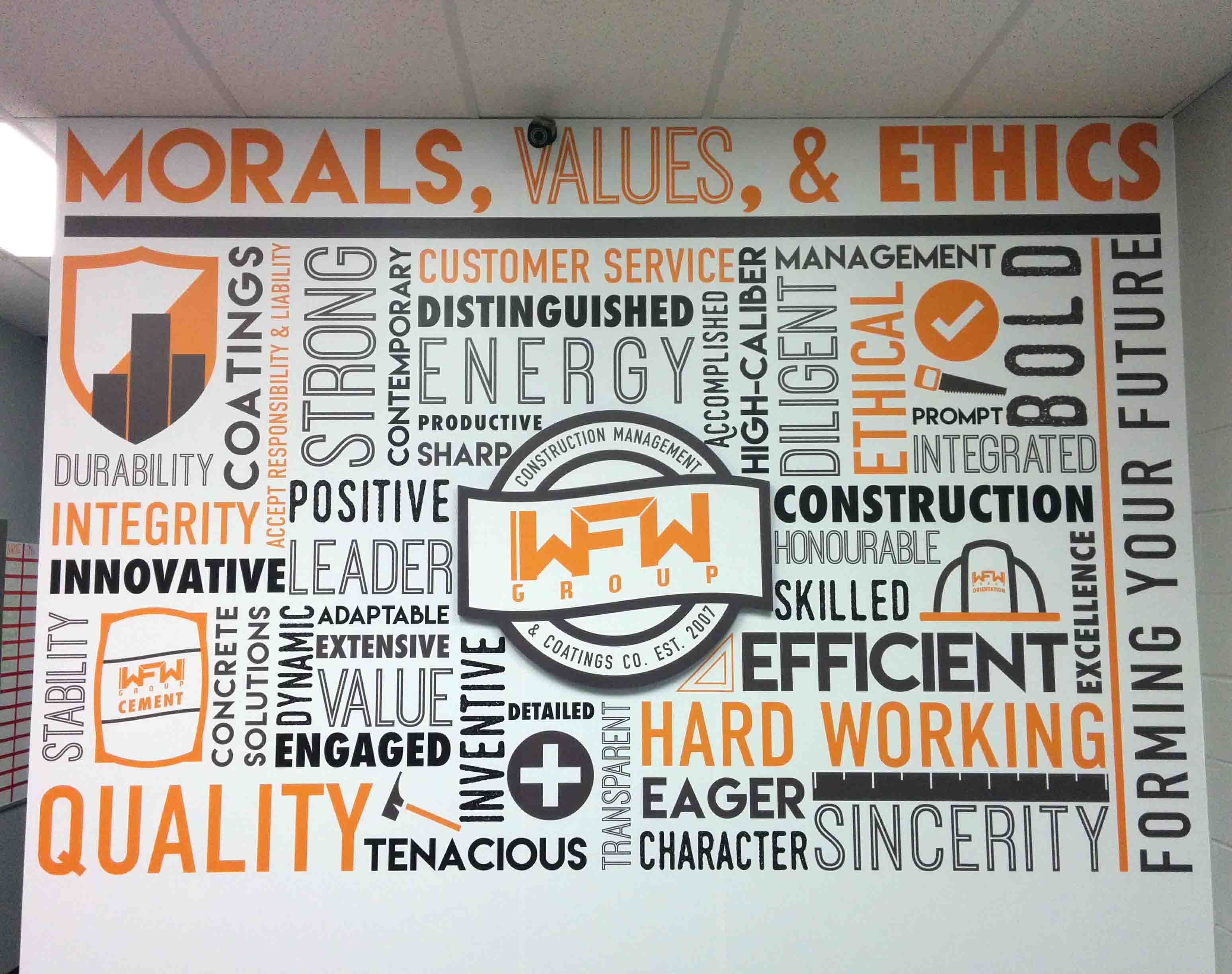 Wall graphics with motivational messaging and 3D logo